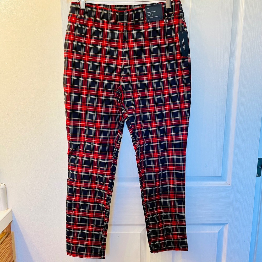 Tommy Hilfiger Red Tartan Plaid Slim Leg Pants Womens L Ankle NWT H5MPT92K